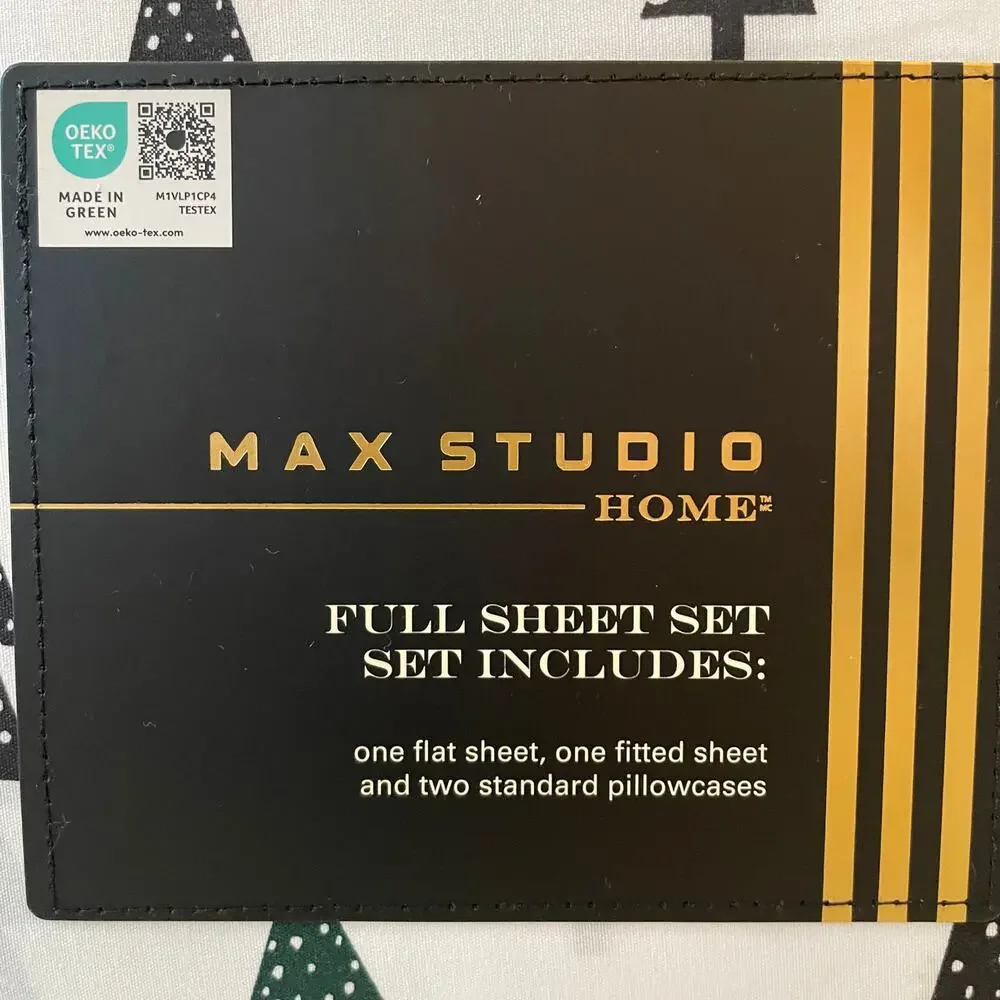 4pc Max Studio Block Christmas Tree Printed Sheet Set FULL Chic Holiday Bedding